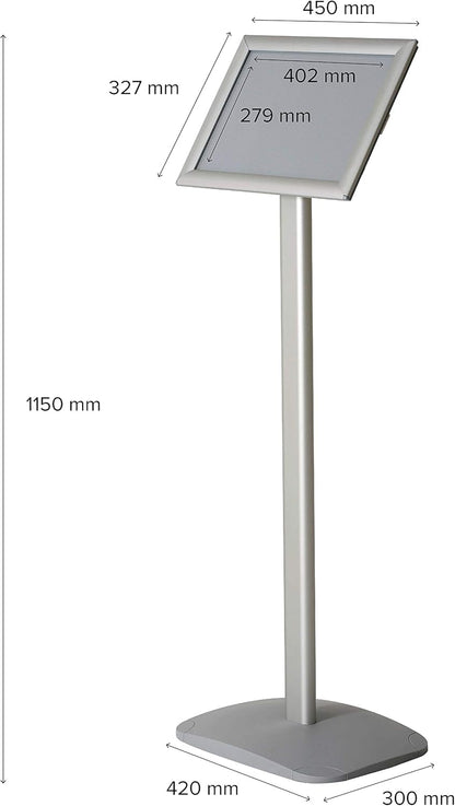 Menubord DIN A3 – Infostandaard – Vloerstandaard – Presentatiestandaard – Posterhouder – Zilverkleurig aluminium premium design – 120 cm totale hoogte, staand en liggend gebruik
