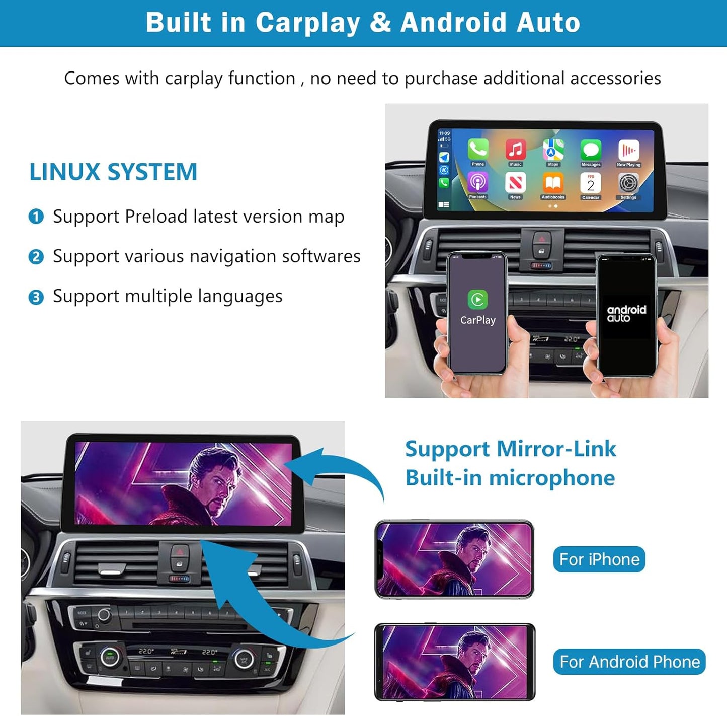 Autoradio BMW 3/4-serie – Touchscreen Autoradio – Multimedia Systeem – Navigatie Radio – 10,25 Inch Display – Draadloze CarPlay & Android Auto – Ondersteuning Achteruitrijcamera & MirrorLink