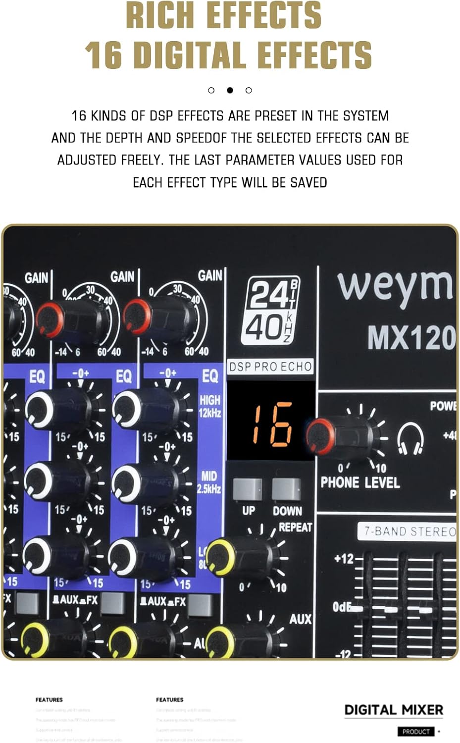 MX-120 professionele mix (12-kanalen), DSP effector voor het opnemen van DJ podium karaoke, met USB drive voor opname ingang, XLR microfoonstekker, 48V voeding, RCA uitgang