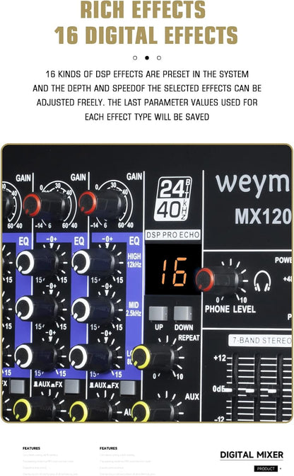 MX-120 professionele mix (12-kanalen), DSP effector voor het opnemen van DJ podium karaoke, met USB drive voor opname ingang, XLR microfoonstekker, 48V voeding, RCA uitgang