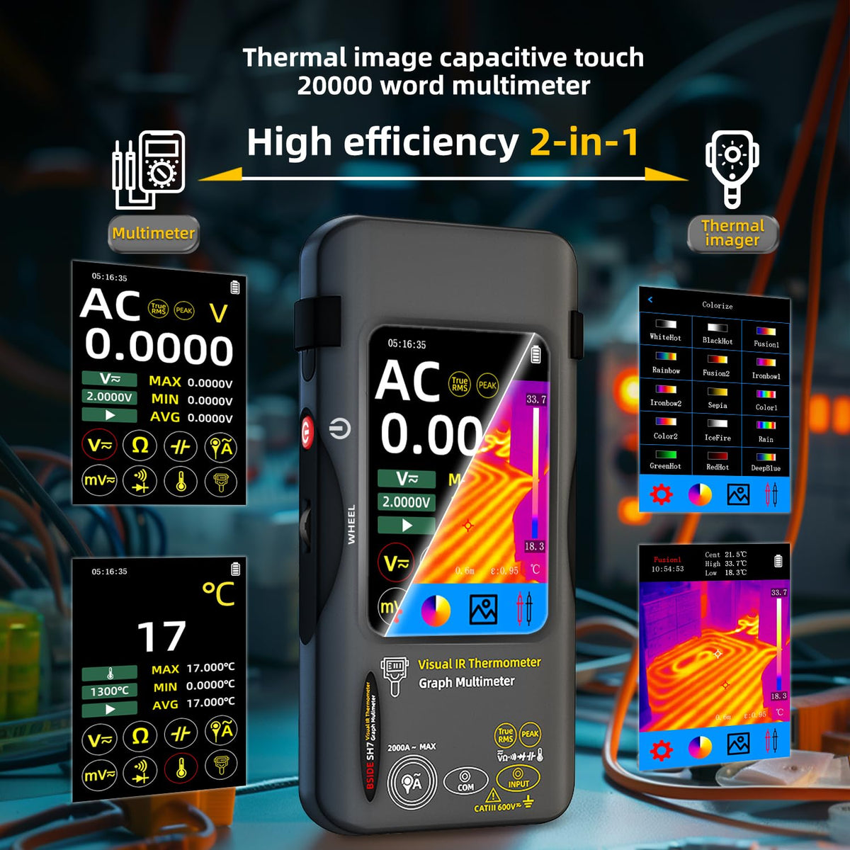 BSIDE SH7 Thermische multimeter 320 × 320 resolutie, 3,98 inch TFT touchscreen, 25 Hz, camera (-20-550 ℃), 15 TRMS beeldvormende pallets