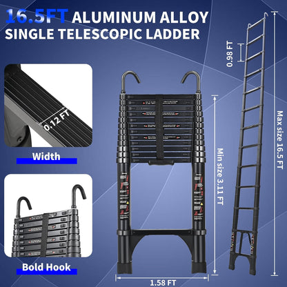 JADDUO Telescopische ladder, 5,0 m, aluminium vouw, 150 kg draagvermogen, trapafstand 30 cm, zwart