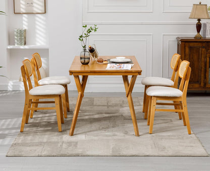 Rotan Eetkamerstoelen – Keukenstoelen – Zijden Stoelen – Side Chairs – Beige Variant – Ademend Rotan Rugleuning – Zachte Kunstbont Zitting - QUORE