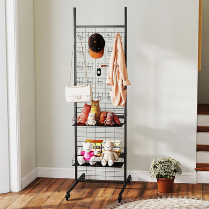 Pegboard displaystand – Displayrek – Winkelrek – Presentatierek – Displaystandaard – Zwart, vrijstaand model met wielen – Inclusief 50 haken en 4 planken – 70 x 51 x 178 cm