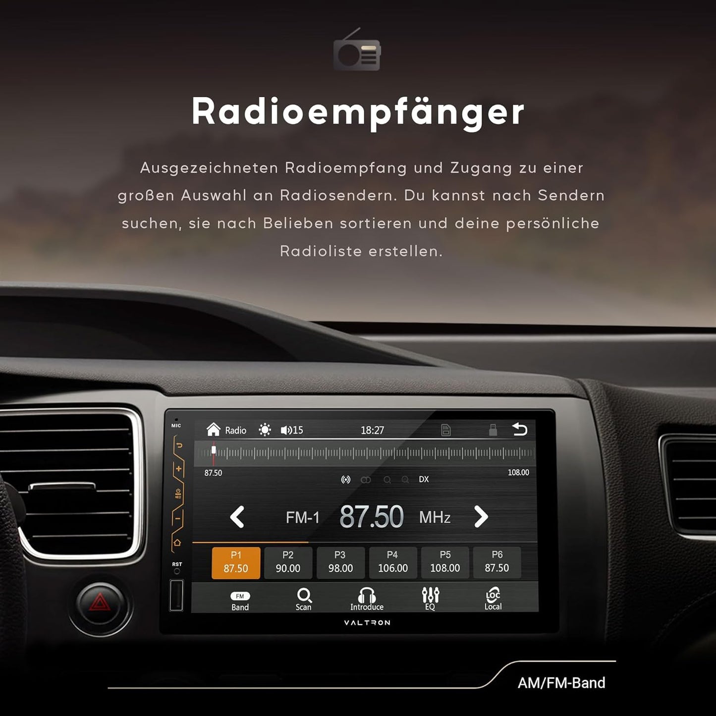 VALTRON RX-820HD 2-DIN-multimedia autoradio, 7 inch touchscreen, draadloze Android Auto & CarPlay, USB, Bluetooth, high-performance tuner, 16-bands grafische equalizer, zwart, achteruitrijcamera