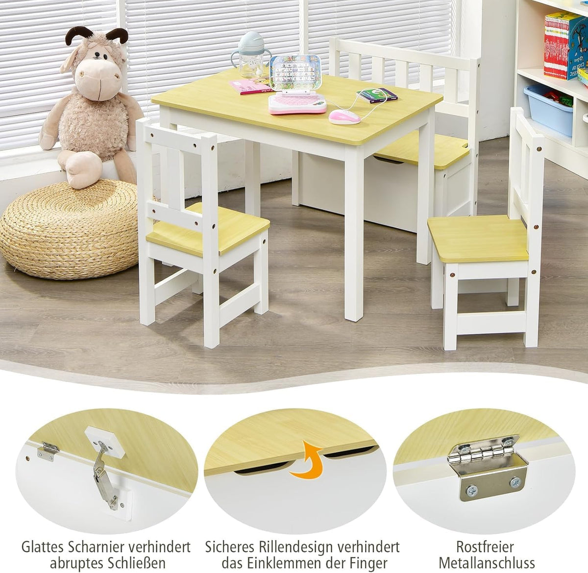 FANTASK 4-delig kinderzitgarnituur met opbergruimte, kindertafel van grenenhout met 2 stoelen & zitbank, natuurlijke kleur