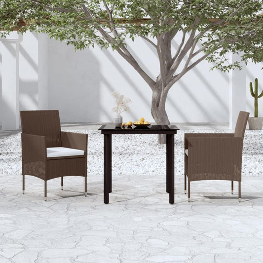 Gecheer Eetkamerset voor tuin, 3-delige set met kussens, tafel en stoelen voor buiten, salontafel en stoelen, polyrotan meubelset, tuinmeubelset van rotan, bruin en zwart - QUORE