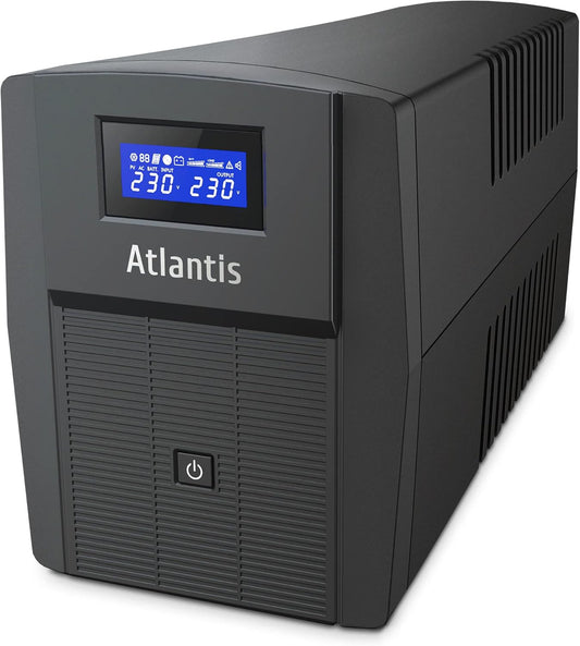 Atlantis A03-HP2003 Ononderbroken sinusgolf 1500 VA 900 W Line Interactive, LCD-display, USB-HID-aansluiting, 3 IEC-uitgangen + 2 geaarde stopcontacten + Alim-kabel, 2 accu's 12 V-9 Ah, bescherming