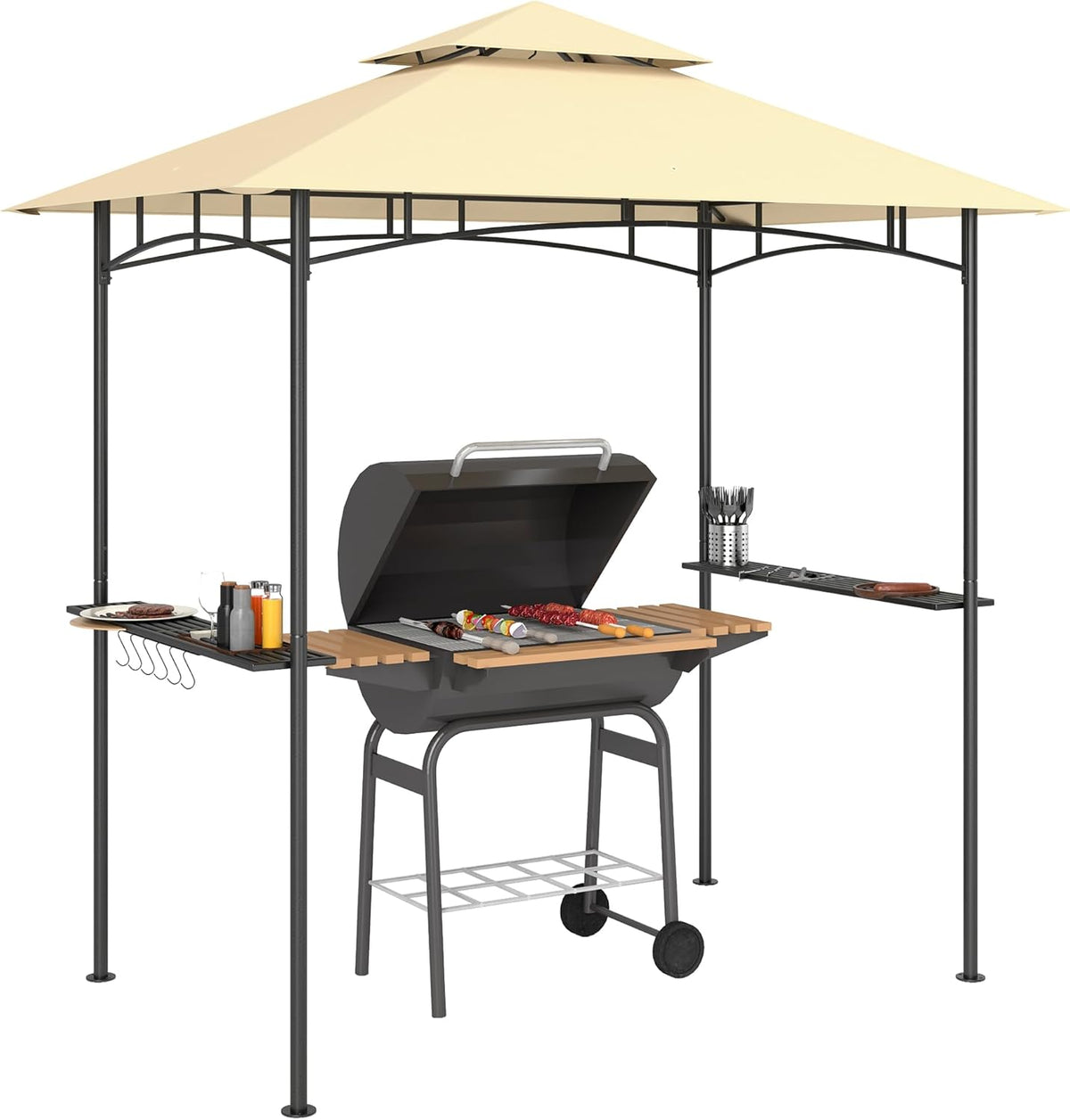 Grillpaviljoen – Barbecue Overkapping – BBQ Tent – Tuinpaviljoen – Grillhut – Dubbellaags Dak – Water- en Vlamvertragend – Met Zijplanken en LED Verlichting – 240x150x258 cm – Stalen Frame