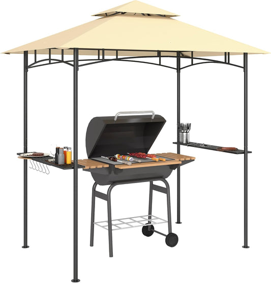 Grillpaviljoen – Barbecue Overkapping – BBQ Tent – Tuinpaviljoen – Grillhut – Dubbellaags Dak – Water- en Vlamvertragend – Met Zijplanken en LED Verlichting – 240x150x258 cm – Stalen Frame