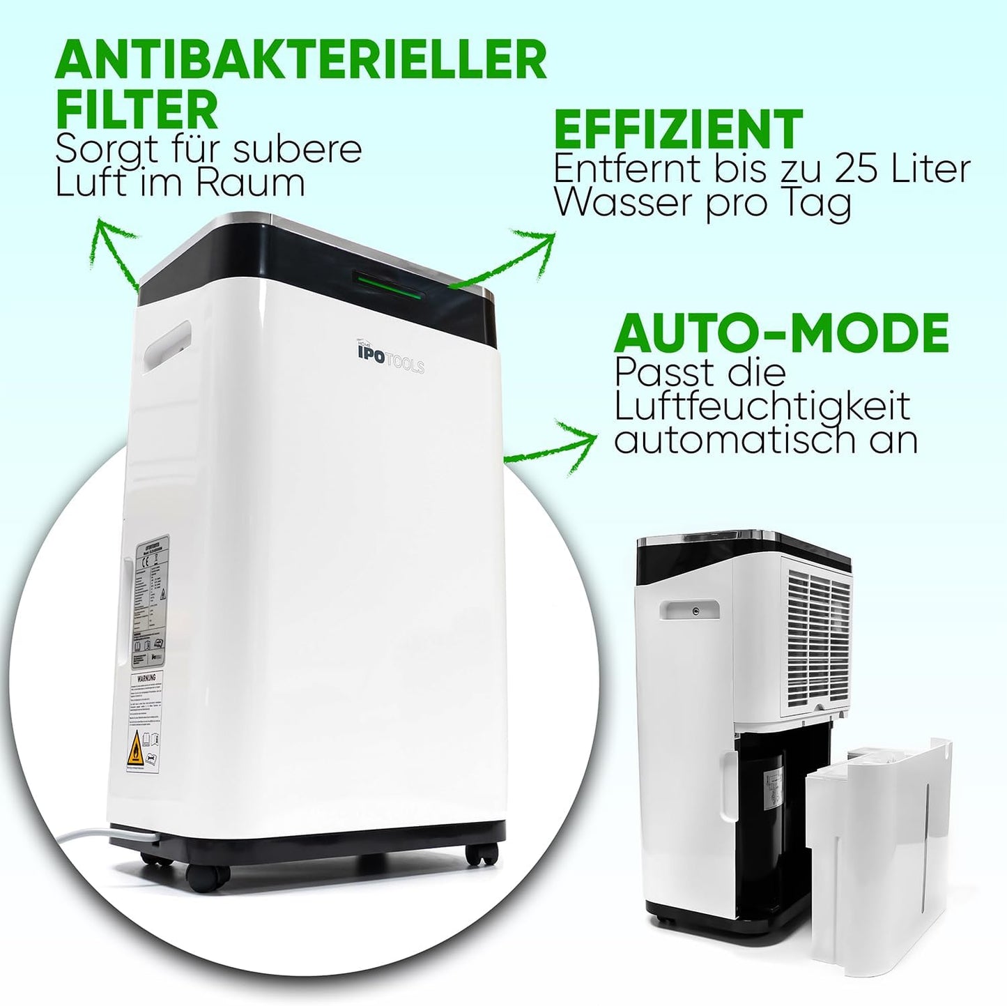 IPOTOOLS Luchtontvochtiger, 25 liter, 24 uur, ruimteontvochtiger voor ruimtes tot 70 m2, met 3 bedrijfsmodi, digitaal display, afvoerslang, wasdroger, timer voor vocht, schimmel, mobiel, 25 liter