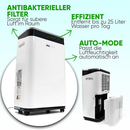 IPOTOOLS Luchtontvochtiger, 25 liter, 24 uur, ruimteontvochtiger voor ruimtes tot 70 m2, met 3 bedrijfsmodi, digitaal display, afvoerslang, wasdroger, timer voor vocht, schimmel, mobiel, 25 liter