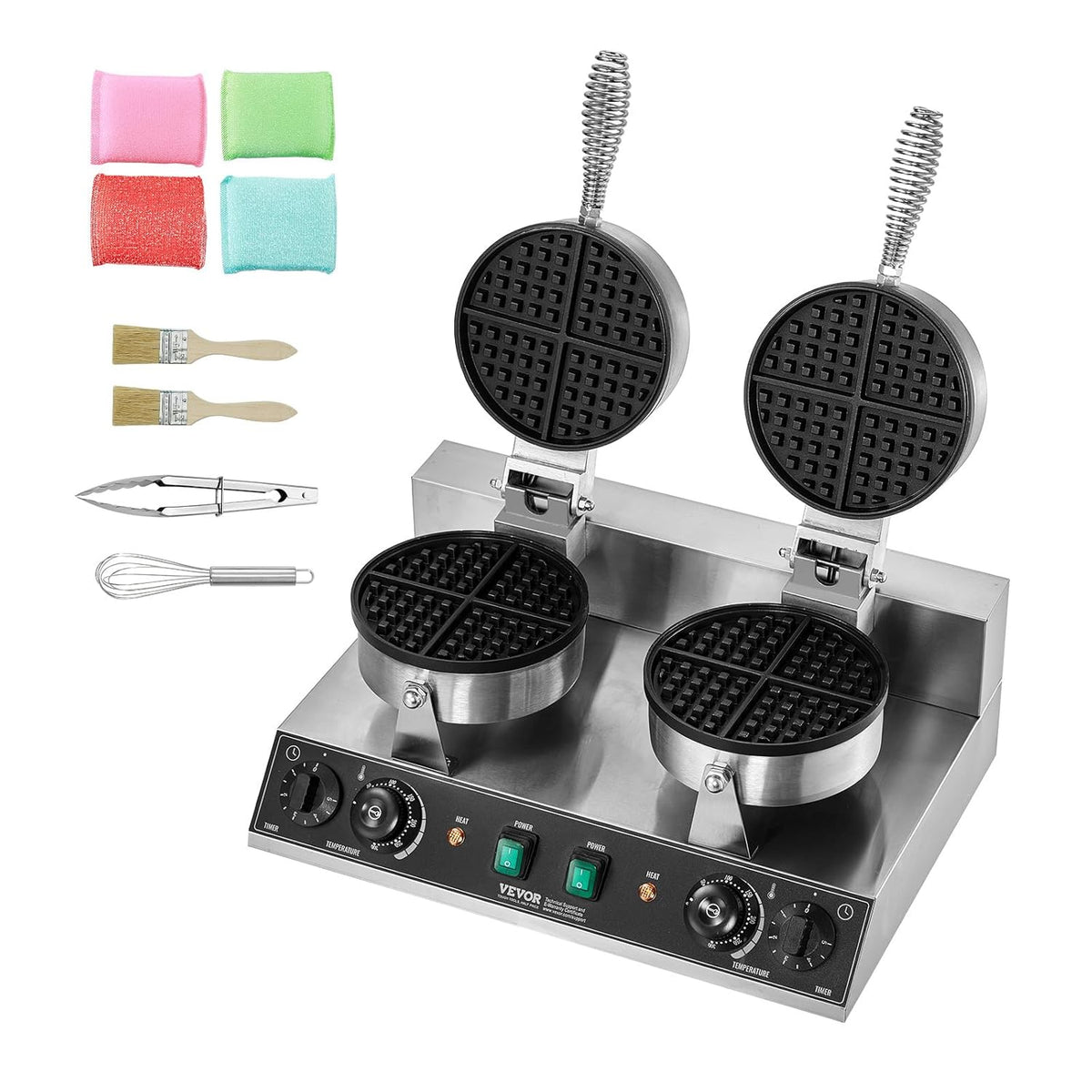VEVOR Commerciële wafelmachine, dubbele kop, roestvrij staal, antiaanbaklaag, 2460 W, met temperatuur- en tijdregeling, handvat, voor restaurants, gezinnen en bars, 500 x 470 x 260 mm