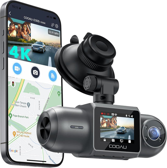 COOAU D30S 4K Dashcam met GPS Wi-Fi, voor- en binnenkant dubbele 2,5K 1080P Dashcam, Uber-autocamera met infrarood nachtzicht, supercondensator, 4 IR-LED's, G-sensor, parkeermodus, loop-opname