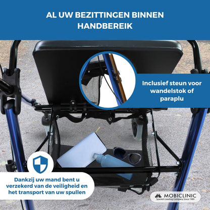 Rollator met 4 wielen | Opvouwbaar en verstelbaar | Met mand en remmen | Blauw | Hercules | Mobiclinic