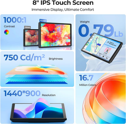 8'' Draagbaar autoscherm voor Apple CarPlay & Android Auto, 1440x900 HD-scherm, magnetische montage, OTA-updates, portret- en landschapsmodi, back-upcamera, Bluetooth, spraakbediening