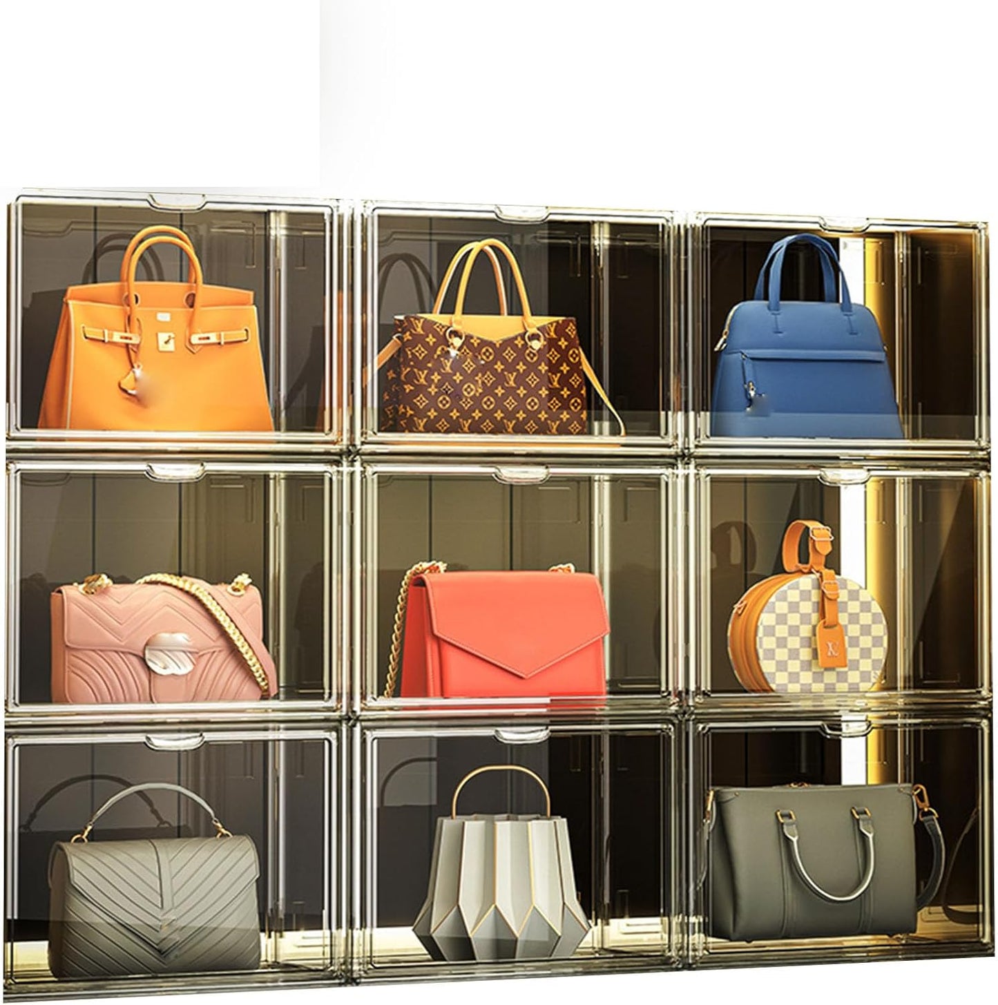 Acryl vitrine doorzichtige handtas opslag organizer voor kast, stapelbare tas organizer met magnetische deur voor portemonnee, cosmetica, speelgoed (9)