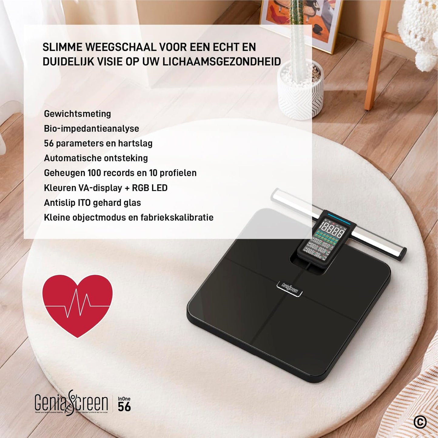 Lichaamsvetweegschaal met handsensoren van Geharde Glas - GeniaScreen InOne Digitale Weegschaal met Lichaamsanalyse 56 Metingen voor Spiermassa Vet BMI LCD Display met Wi-Fi en Bluetooth 220 Kg