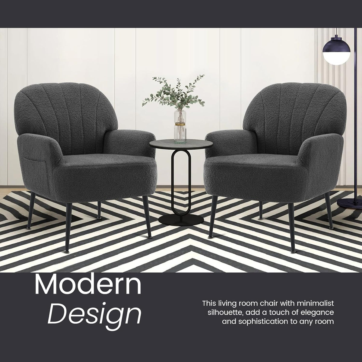 IWMH Accent Chair for Living Room, Teddy Fabric Armchair, Single Sofa Chair with Armrests, Metal Legs, Corner Chair for Bedroom Reading (Teddy Grey) - QUORE