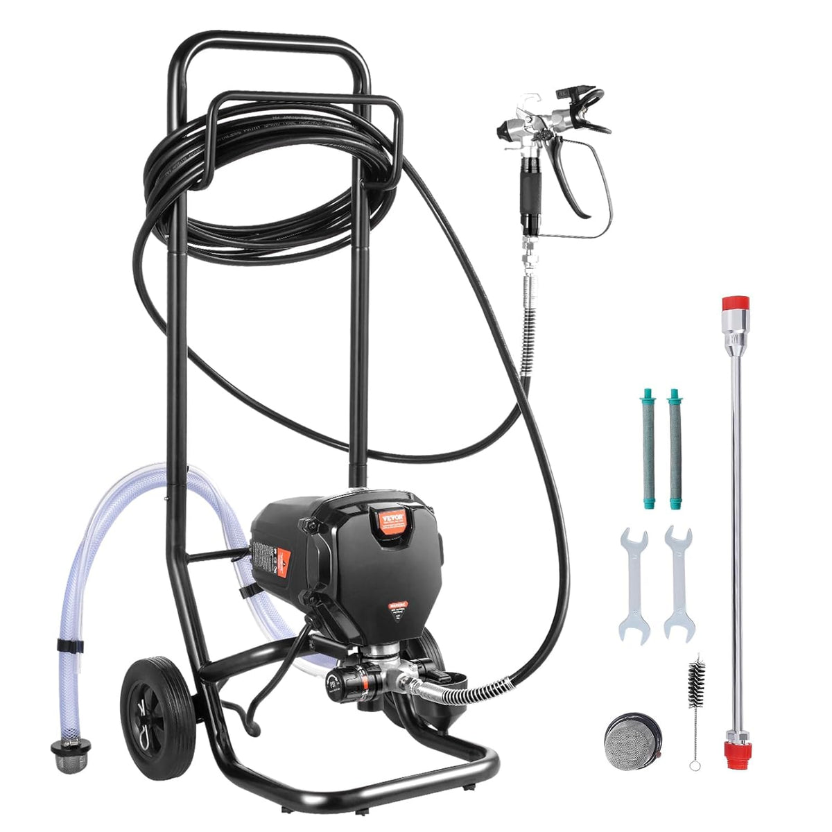 VEVOR Spuitverfsysteem, 750 W, 3000 psi, zonder lucht, met trolley, verfpistool met slang, 7,6 m, 1,2 l/min, voor schilderen binnen en buiten, benodigdheden voor hekken
