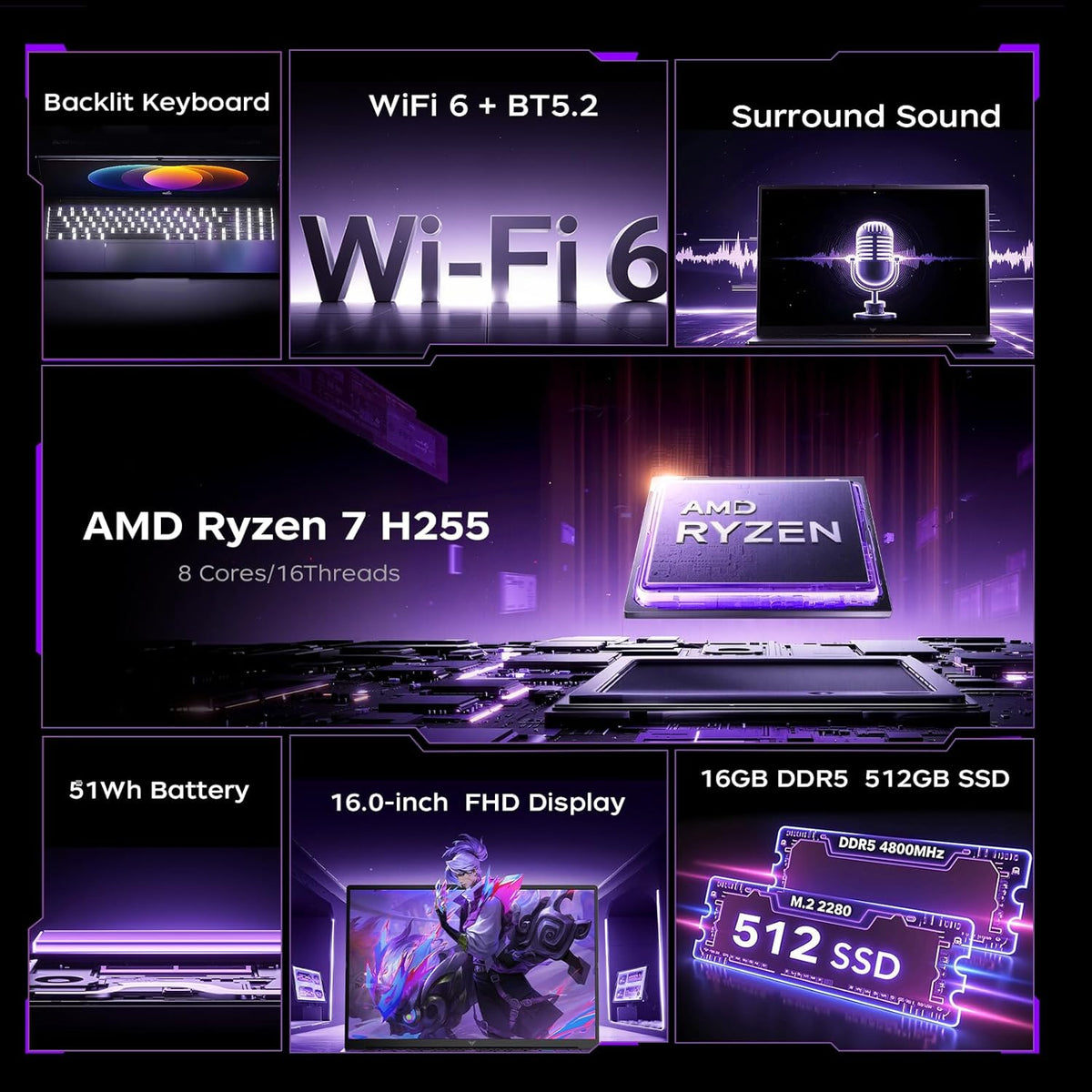 2026 16 Inch Gaming Laptop, Ryzen 7 H255 Processor up to 4.9 GHz, 16GB DDR5 RAM, 512GB SSD (Expandable to 4TB), 4800MHz, Backlit Keyboard, WiFi 6