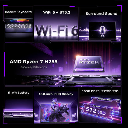 2026 16 Inch Gaming Laptop, Ryzen 7 H255 Processor up to 4.9 GHz, 16GB DDR5 RAM, 512GB SSD (Expandable to 4TB), 4800MHz, Backlit Keyboard, WiFi 6