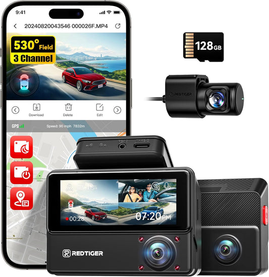 Dashcam Auto – Autocamera – Auto Camera – Rijcamera – Auto Dashcam – 3-Kanaals Met 530° Dekking – 2,5K + 2,5K + 1080p