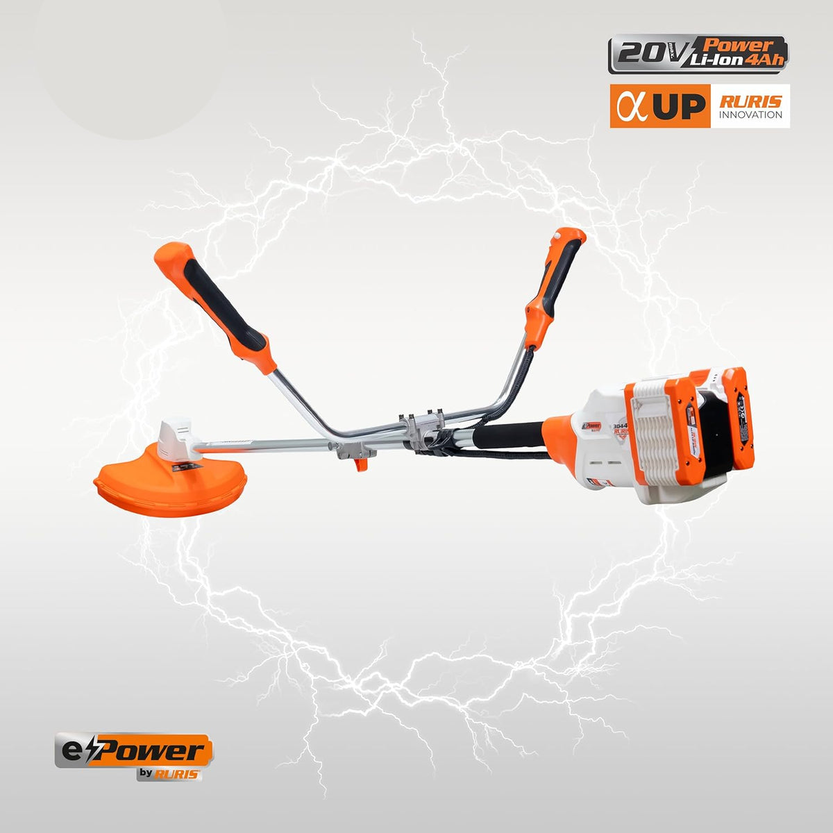 RURIS Bosmaaier met accu 3044e – borstelloze motor, maaibreedte 300 mm (draad) / 255 mm (lemmet), ergonomische handgrepen, accu 2 x 20 V Li-ION 4 Ah en dubbele oplader inbegrepen