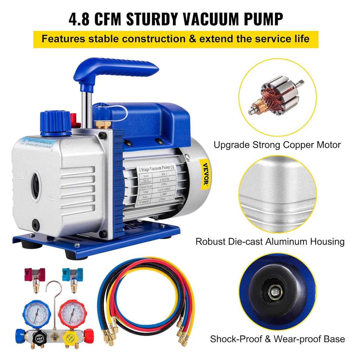 Vacuümpomp – Aircopomp – Zuigpomp – Koeltechniekpomp – HVAC Vacuümextractor – Krachtige 1/4 PK Motor – 4,8 CFM Luchtopbrengst met Drukmeters