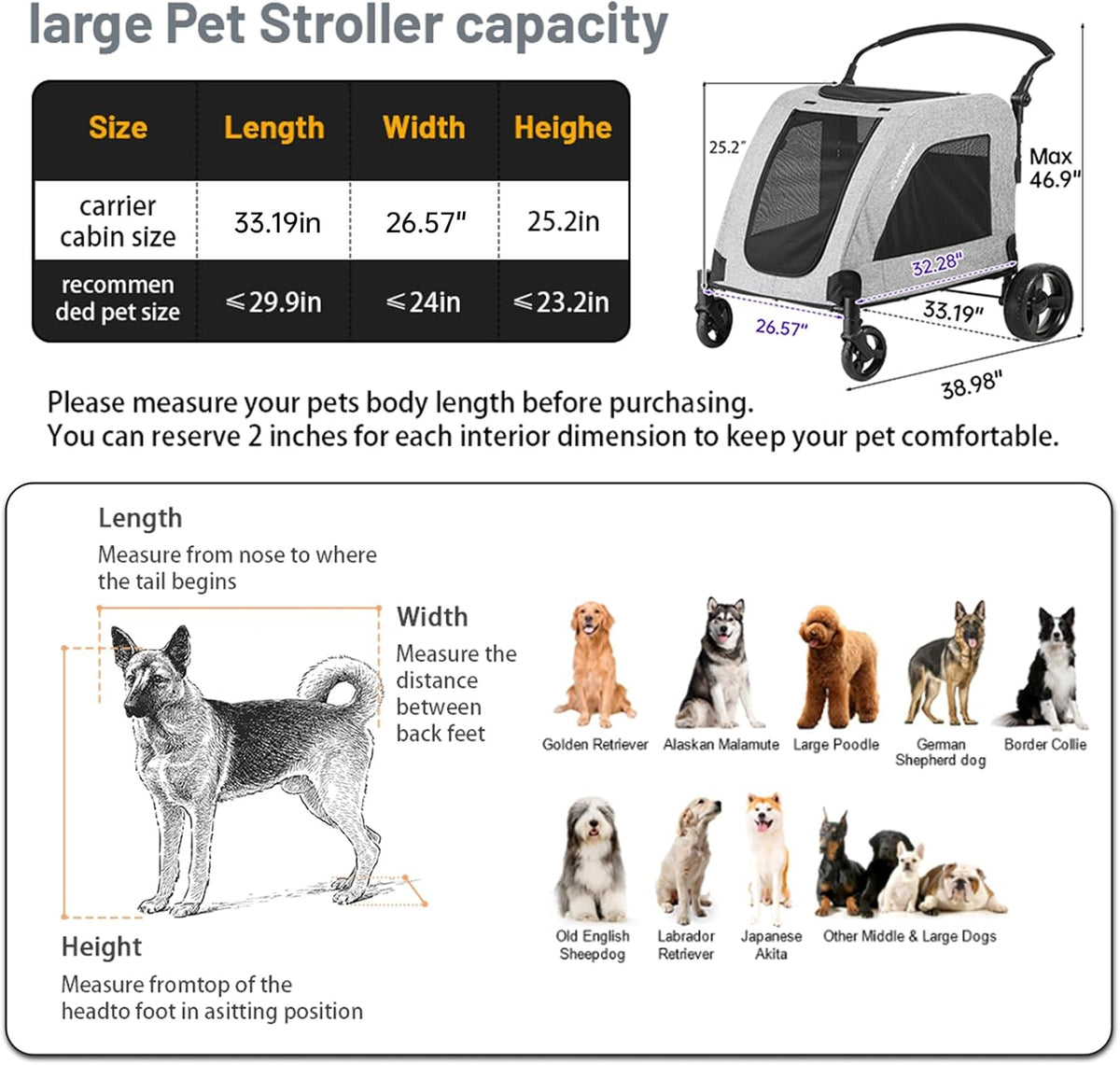EchoSmile Hondenwagen voor middelgrote en grote honden tot 70 kg, opvouwbare hondenbuggy met netramen, verstelbare handgreep en 4 wielen voor terrein, grijs