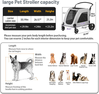 EchoSmile Hondenwagen voor middelgrote en grote honden tot 70 kg, opvouwbare hondenbuggy met netramen, verstelbare handgreep en 4 wielen voor terrein, grijs