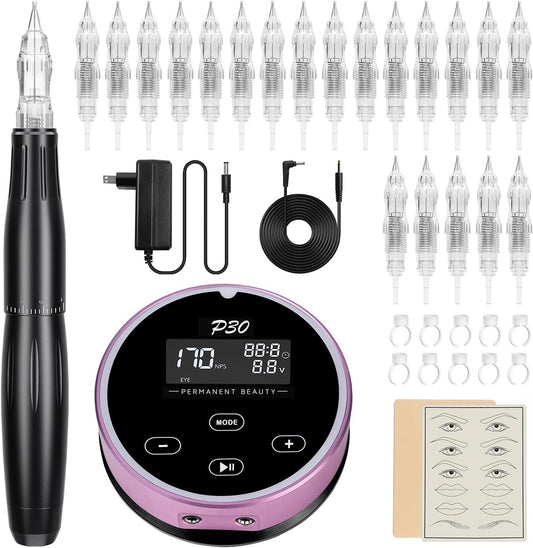 Biomaser Semi-permanente make-upmachine, permanente make-upset met compacte voeding, 20 cartridgenaalden, voor eyeline, lippen, wenkbrauwen, MTS, voor kunstenaars en beginners