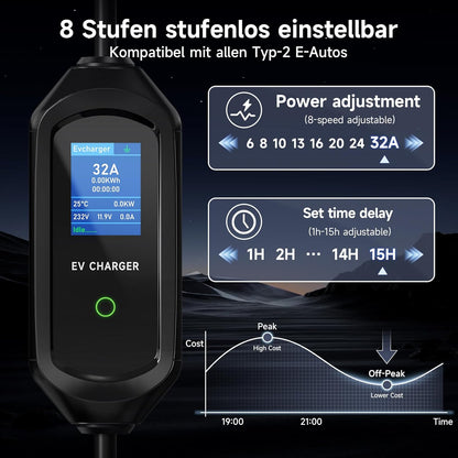 Type 2 oplaadkabel 7 kW mobiele Wallbox, 5 m 6-32 A 1-fasig oplaadkabel type 2 CEE-stekker, draagbare EV oplader met instelbaar laadvermogen en timerfunctie, voor EV PHEV IEC 62196-2
