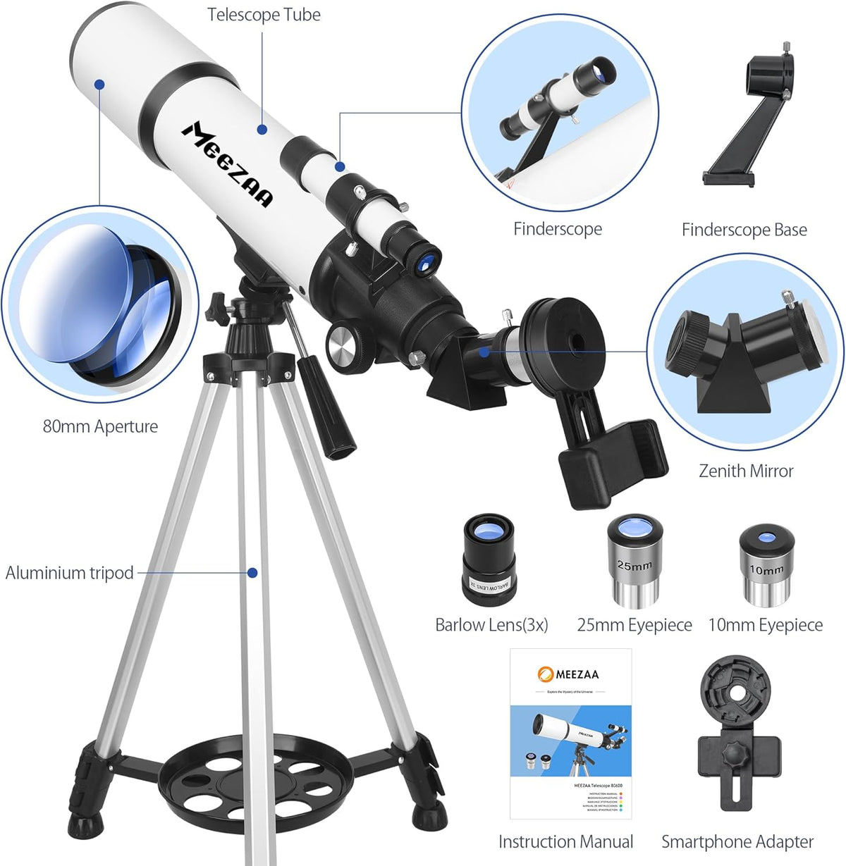 Telescoop voor volwassenen astronomie, 80 mm diafragma 600 mm refractortelescoop voor kinderen en beginners, multi-coated optica hoge transmissie telescopen met statief en telefoon adapter