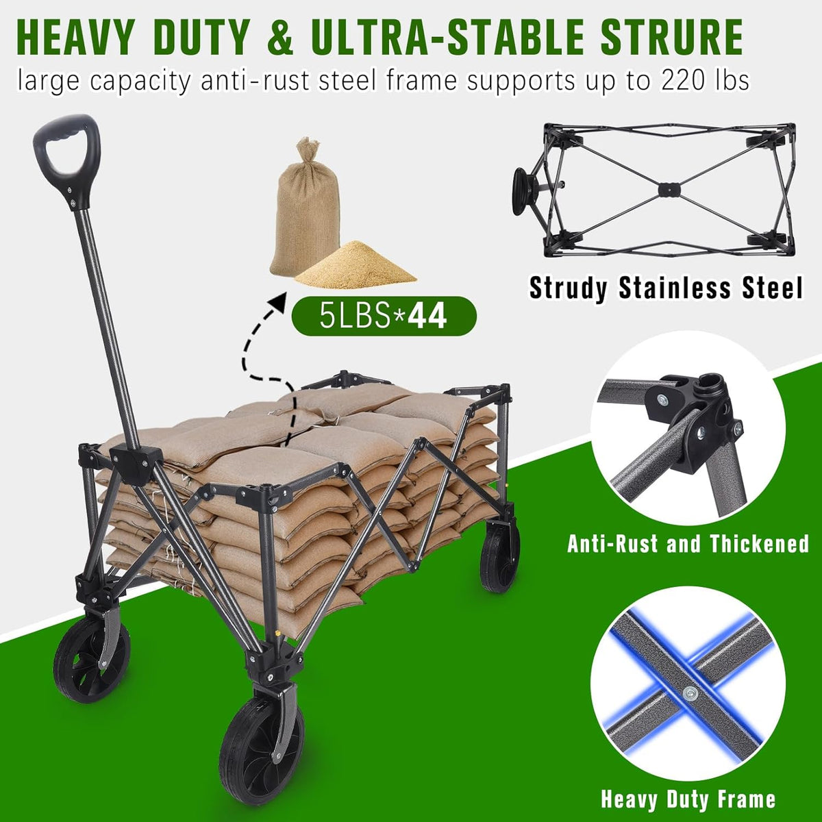 Festival Camping Trolley Cart, Heavy Duty Opvouwbare Strandwagen 100KG Capaciteit Opvouwbare All Terrain Utility Wagon voor Picknick Tuin Winkelen Buiten, Zwart