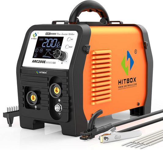 HITBOX ARC200E Lasapparaat 200A Inverter IGBT DC MMA/Lift TIG, gasloos MIG met gevulde draad compatibel, synergische regeling, Hot Start, Anti-Stick, 230V met TFT-LCD display