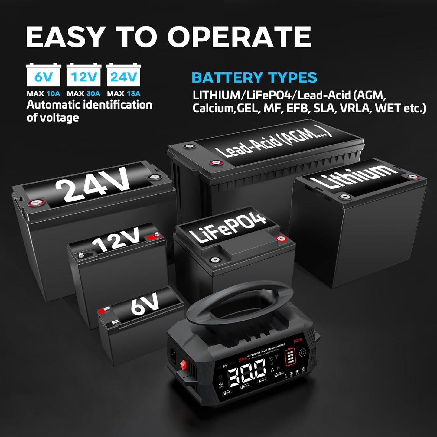 Autoacculader – Acculader – Batterijlader – Oplader – 30A Multi-Volt – Intelligent Laden Met LCD-Display – Herstelmode Voor Loodzuuraccu’s