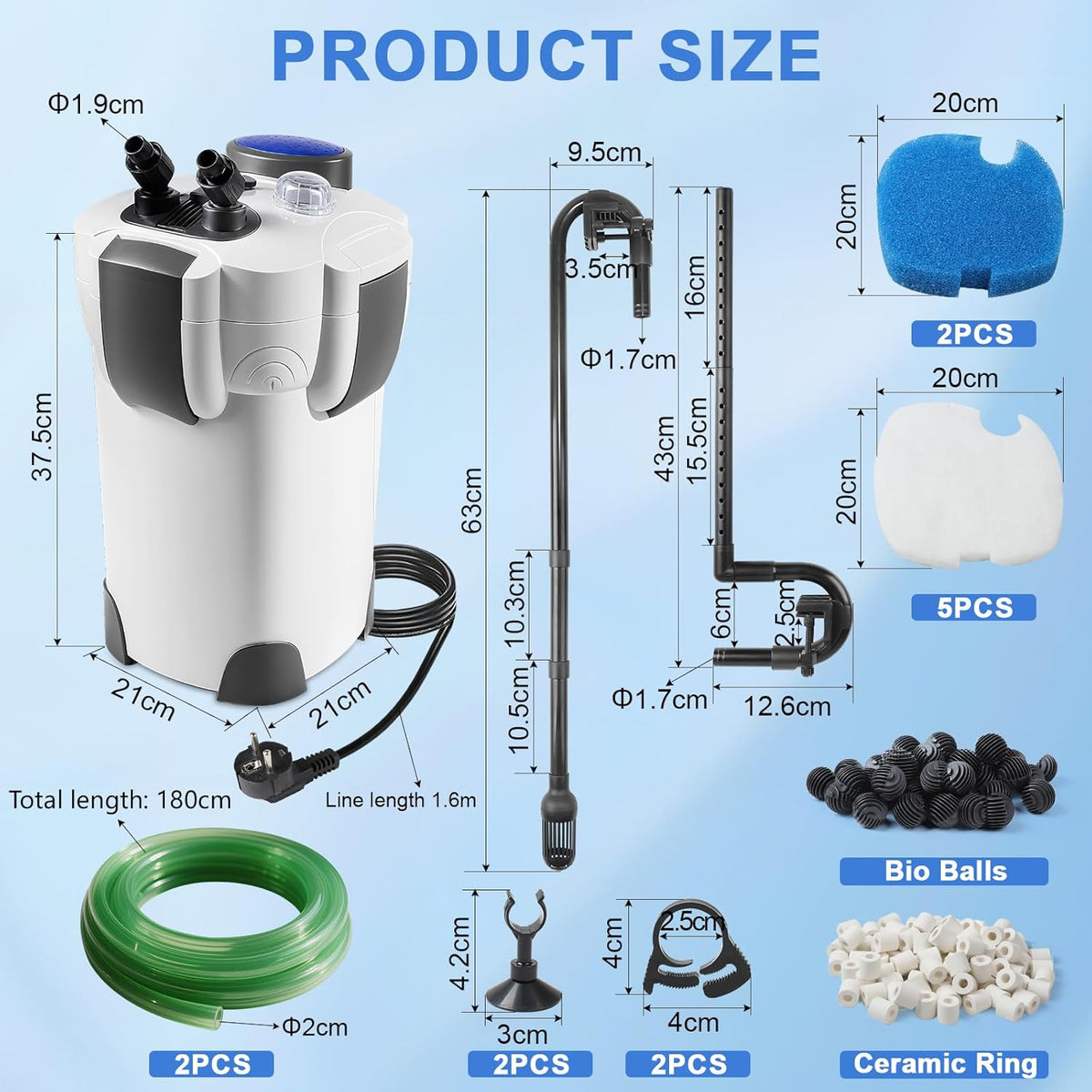 Buitenfilter aquarium met uv-lamp, 1400 l/u, 35 W filter voor aquaria tot 300 liter, instelbaar aquariumfilter, krachtige 3-traps canisterfilter, kamerfilter met filtermateriaal slang HW-302B