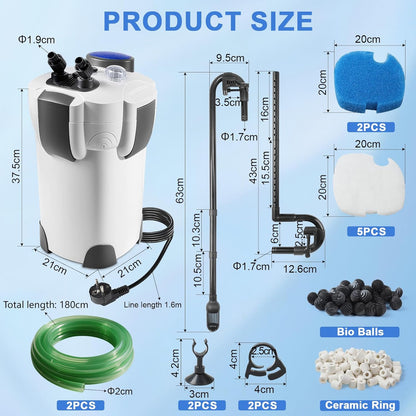 Buitenfilter aquarium met uv-lamp, 1400 l/u, 35 W filter voor aquaria tot 300 liter, instelbaar aquariumfilter, krachtige 3-traps canisterfilter, kamerfilter met filtermateriaal slang HW-302B