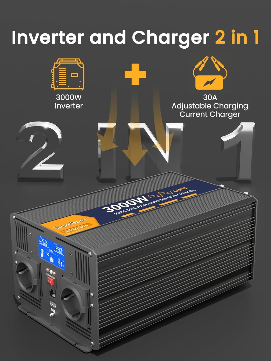UPS 3000 W omvormer 12 V 220 V zuivere sinusomvormer transformator met 30 A lader, 2 EU-stopcontacten, 5 m afstandsbediening en LCD-scherm voor noodoproepen thuis, reizen buitenshuis