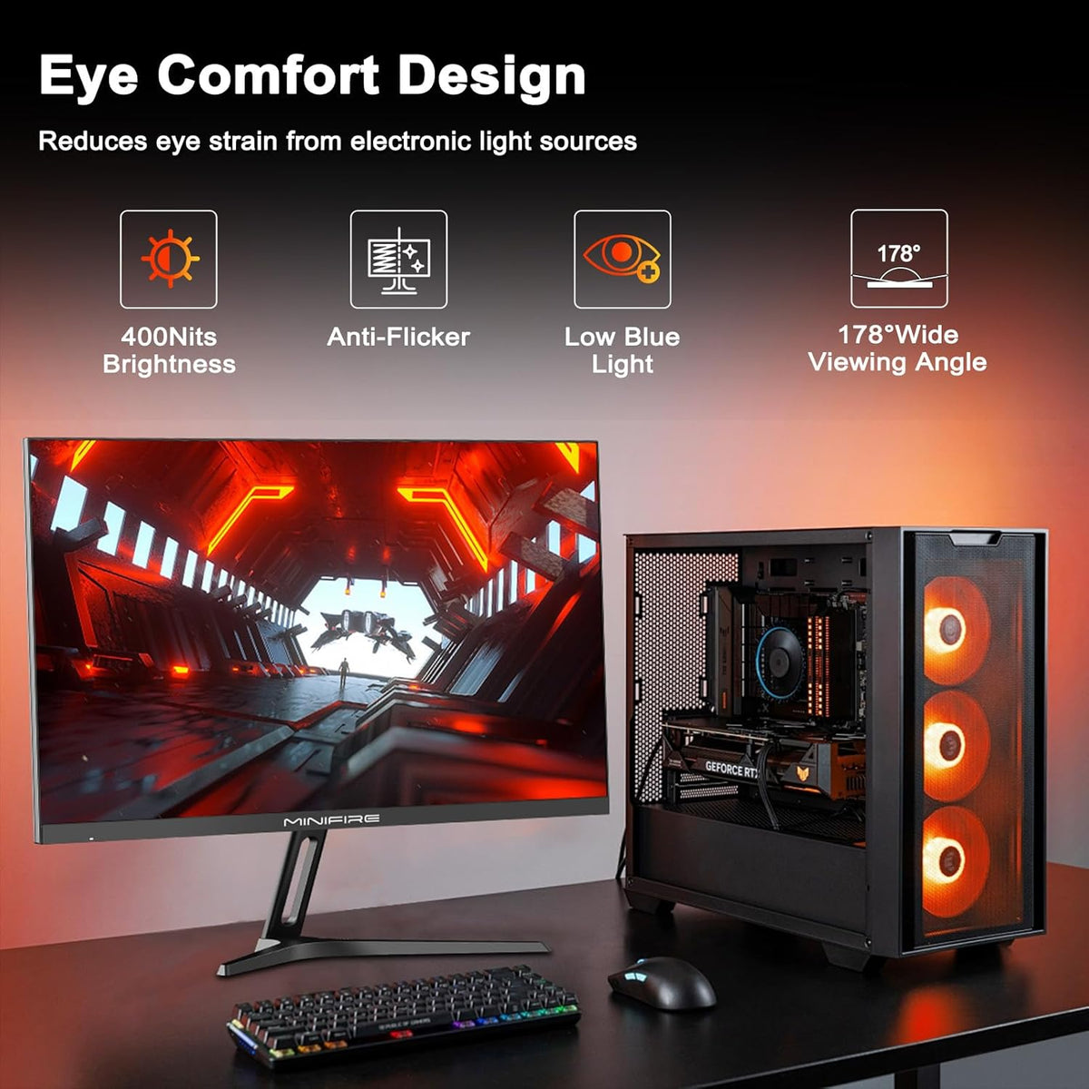 Minifire Gaming Monitor 27 inch 2K, 180Hz IPS, WQHD (2560×1440), 1ms (OD), HDR, 120% sRGB, AMD FreeSync, HDMI 2.0 &DP1.2 * 2, VESA (100 x 100mm), tilt adjustable, eye-care mode - QUORE