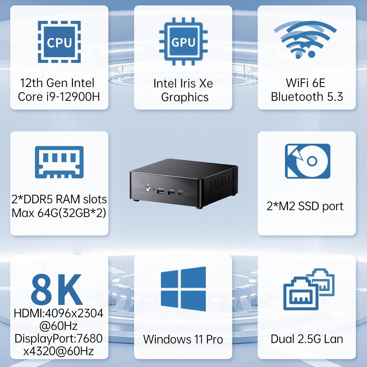 Mini PC i9, 16GB DDR5 RAM, 1TB PCIE 4.0 SSD met Core i9-12900H (tot 5,0 GHz) Desktop Computer, 1x HDMI, 1x DisplayPort, 1x USB4.0, 8K, 2,5G LAN, WiFi 6e, Windows 11 Pro