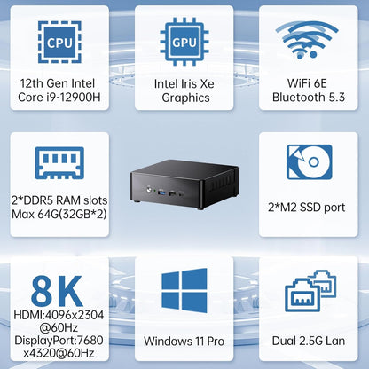 Mini PC i9, 16GB DDR5 RAM, 1TB PCIE 4.0 SSD met Core i9-12900H (tot 5,0 GHz) Desktop Computer, 1x HDMI, 1x DisplayPort, 1x USB4.0, 8K, 2,5G LAN, WiFi 6e, Windows 11 Pro