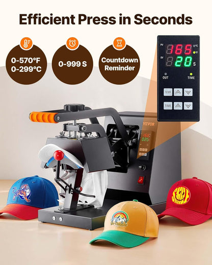 VEVOR Hoed verwarming pers, 4-in-1 kap W warmtepers, 15,2 x 7,6 cm vouwshell sublimatie? transmissie, LCD digitale timer temperatuurregeling met 4 gebogen verwarmingselementen