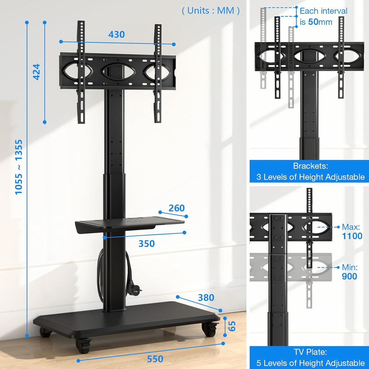 5Rcom Mobiele tv-standaard op wielen voor platte gebogen 32-55 inch tv's, draaibare rollende tv-standaard met houten basis, in hoogte verstelbaar met één plank Max VESA 400x400 mm tot 35 kg