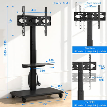 5Rcom Mobiele tv-standaard op wielen voor platte gebogen 32-55 inch tv's, draaibare rollende tv-standaard met houten basis, in hoogte verstelbaar met één plank Max VESA 400x400 mm tot 35 kg
