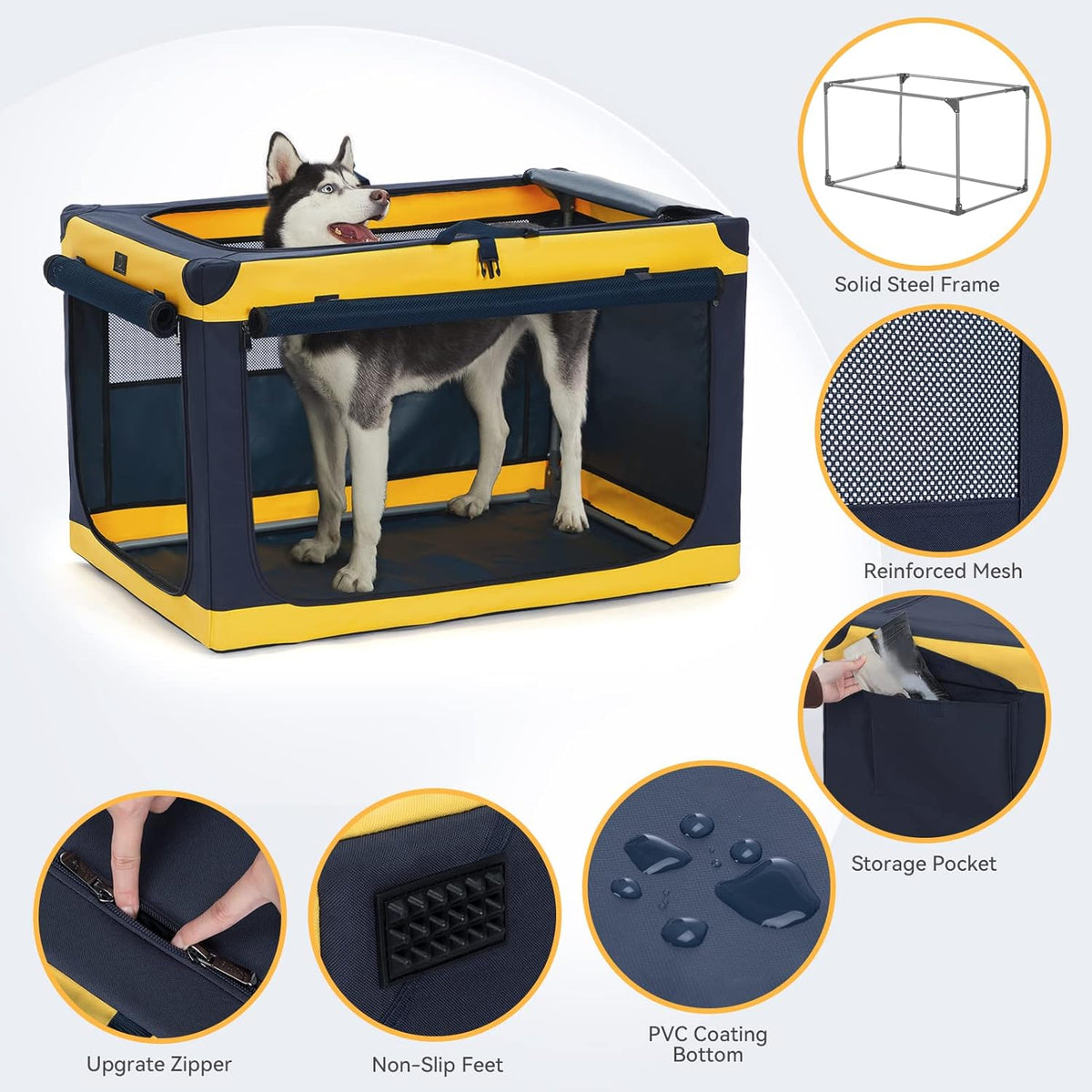 A 4 Pet Grote hondenkrat, 91,4 cm zachte hondenreiskrat voor middelgrote tot grote honden, opvouwbaar hondenkrat met verstelbaar stalen frame en wasbare stoffen hoes, geel