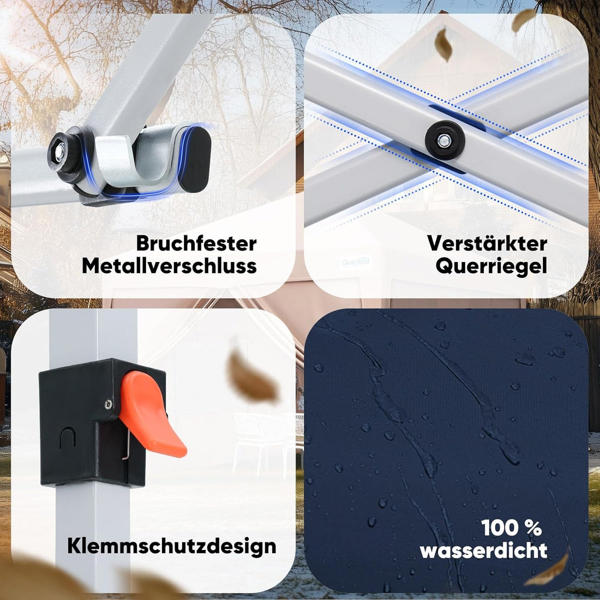 Quictent Paviljoen, 3 x 3 cm, met 4 zijpanelen, vouwpaviljoen met ventilatie, waterdicht, stabiel, winterbestendig, pop-up tuinpaviljoen met 4 zandzakken en roltas, blauw