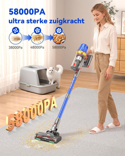 H9 Draadloze Stofzuiger 58KPa/650W/80Min, Krachtige, LED Touchscreen, Zelfstandig Staand, Verbeterde Anti-Tangle Borstel voor Huisdierenharen/Tapijten/Harde Vloeren, Blauw