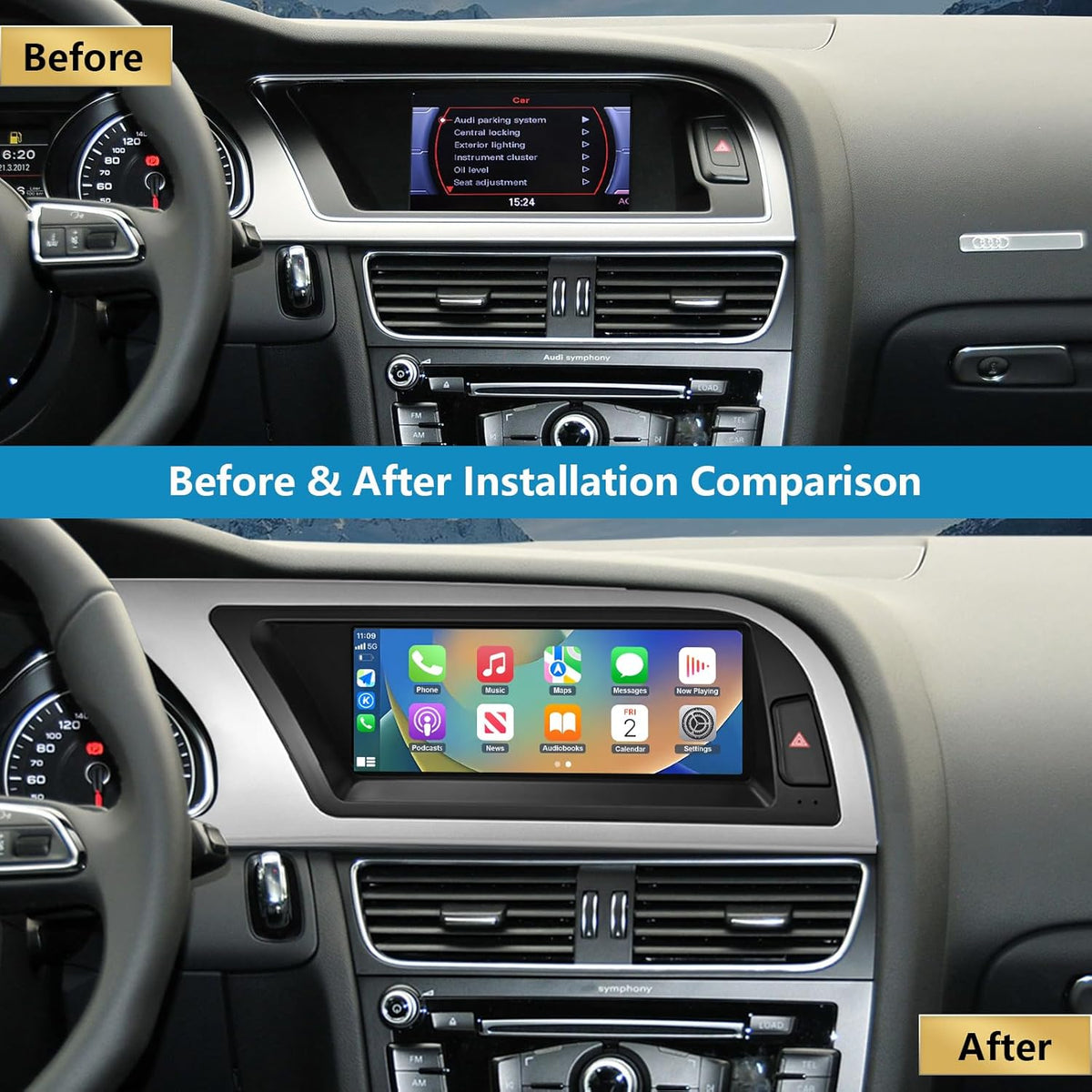 Ninetom Autoradio 8,9 inch touchscreen met draadloze Carplay en Android auto voor 2008-2016 Audi A5 S5 met 2G MMI-systeem, ondersteunt mirrorlink, camera, navigatie
